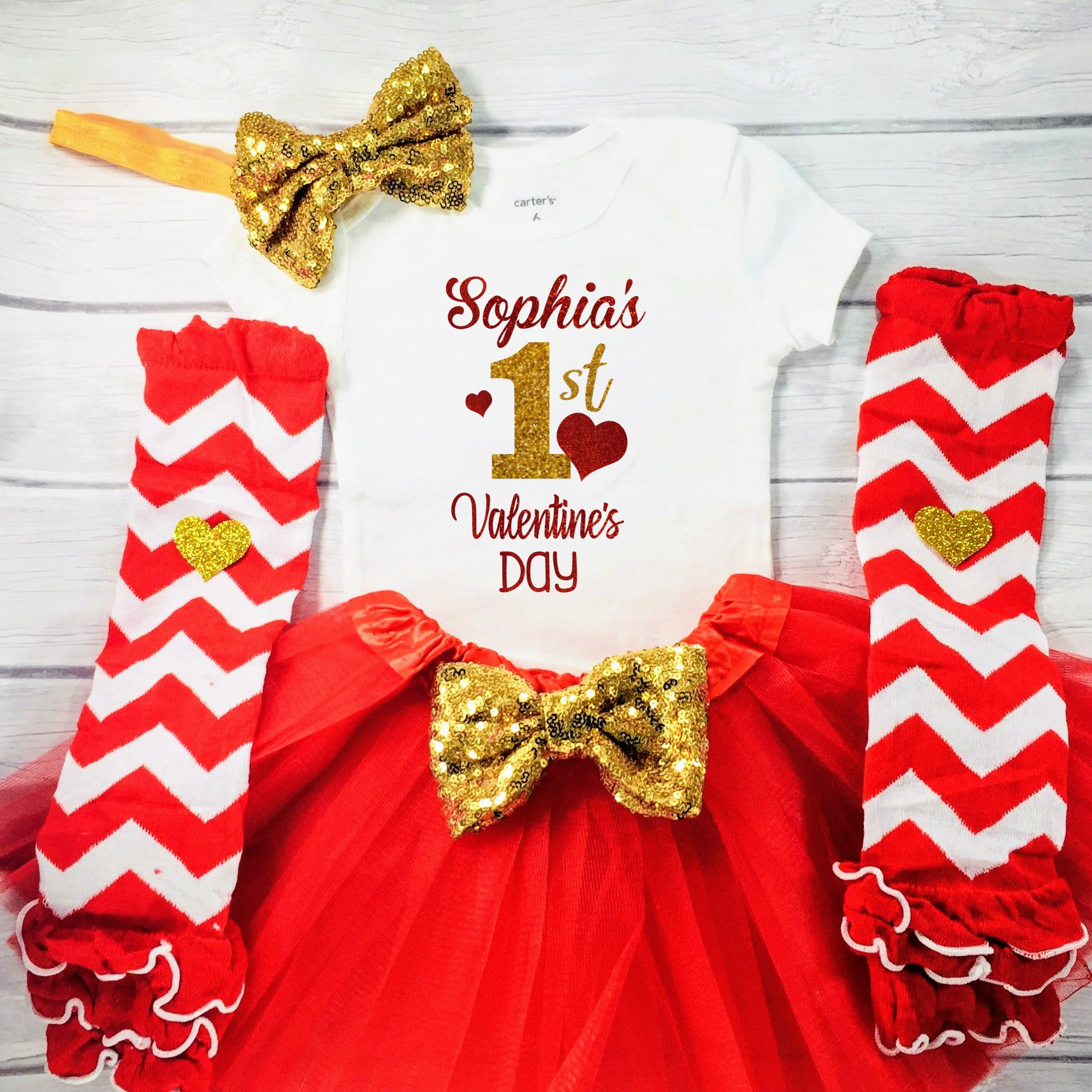 1st Valentine's Day Personalized Baby Girl Outfit (Gold and Red) Long Sleeve 18M / Top Only 1st Valentine's Day Personalized Baby Girl Outfit (Gold and Red) Long Sleeve 18M / Top Only