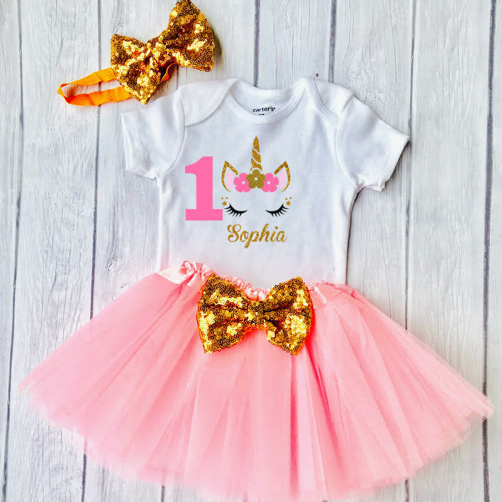 Baby Girls 1st Birthday Outfit, special gift for your princess - Sparkly Gold Unicorn Design - dipidoostudios