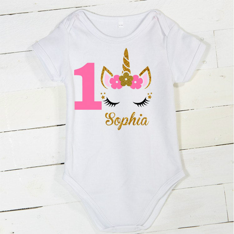 Baby Girls 1st Birthday Outfit, special gift for your princess - Sparkly Gold Unicorn Design