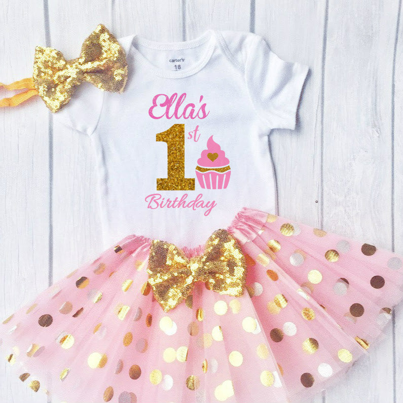 First Birthday Outfit, Birthday Cupcake, girls First Birthday outfit with polka dot tutu Long Sleeve 9M / Top Only First Birthday Outfit, Birthday Cupcake, girls First Birthday outfit with polka dot tutu Long Sleeve 9M / Top Only
