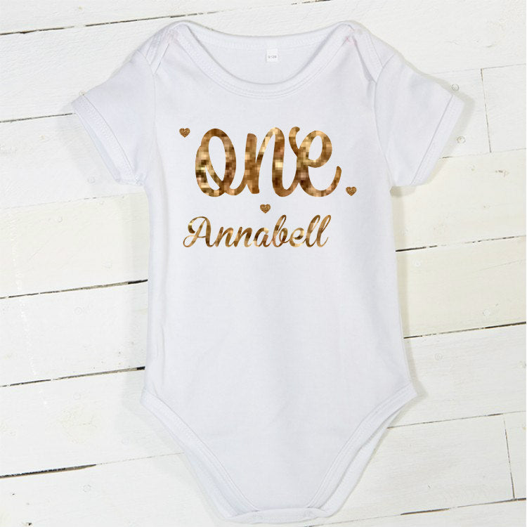 Girls 1st Birthday Outfit, 1st Birthday Gift, First Birthday Outfit - Sparkly Gold One Design