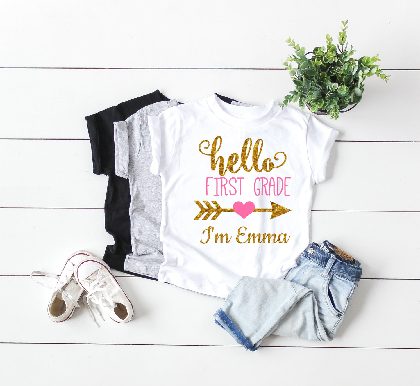 First Day Of School Shirt Girl's Hello First Grade Outfit - Personalize Name and Grade !! - dipidoostudios