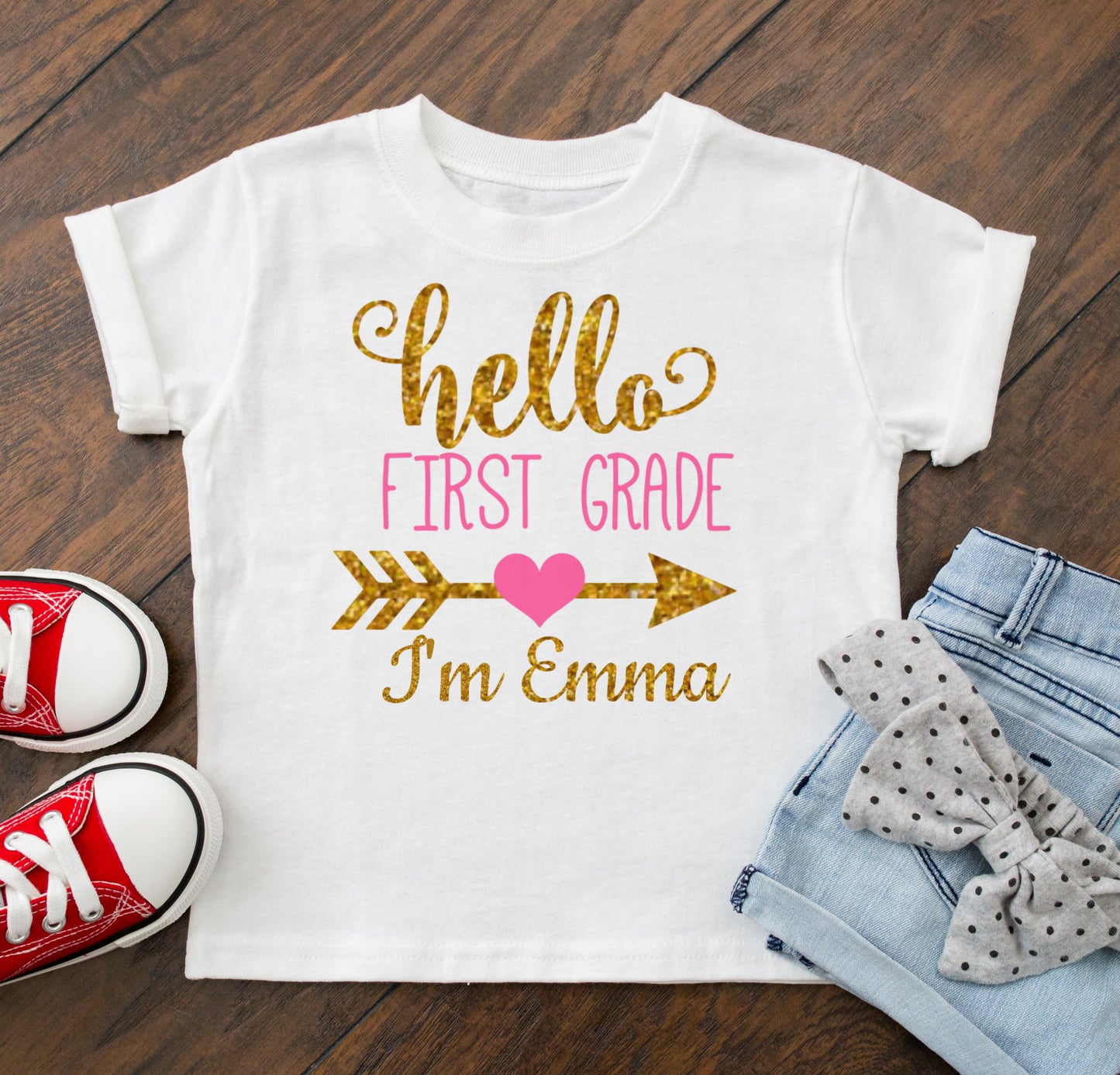 First Day Of School Shirt Girl's Hello First Grade Outfit - Personalize Name and Grade !! - dipidoostudios