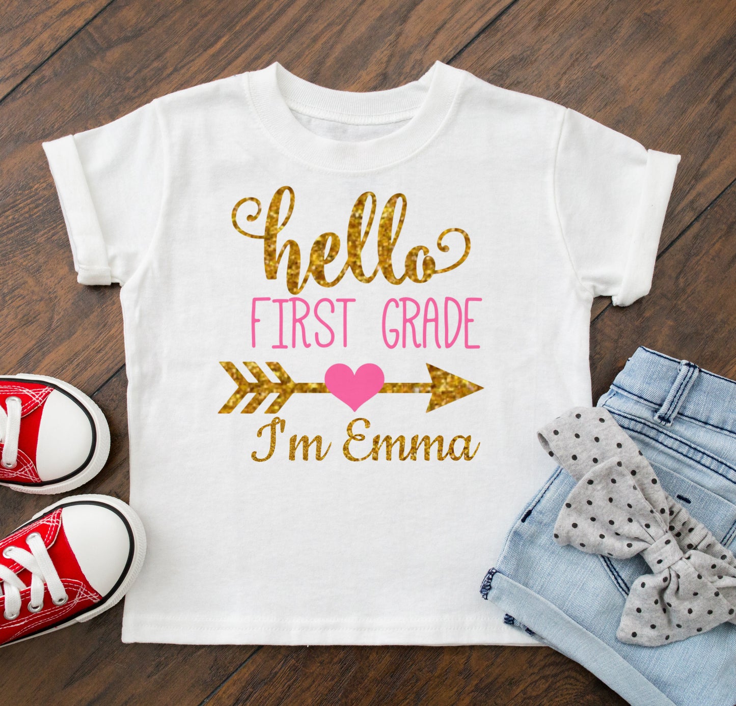 First Day Of School Shirt Girl's Hello First Grade Outfit  - Personalize Name and Grade !!