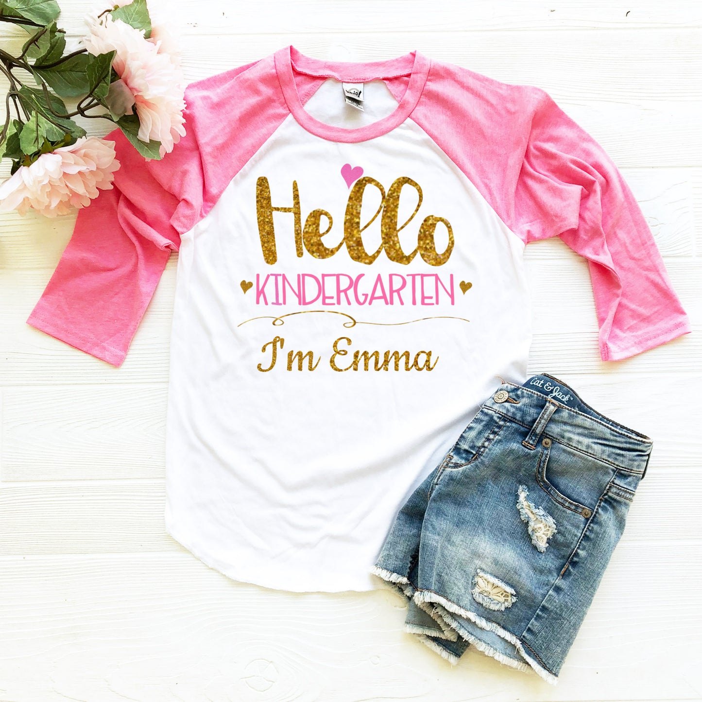 Kindergarten t-Shirt First Day of Kindergarten Shirt Pink White Raglan - Personalized With Name