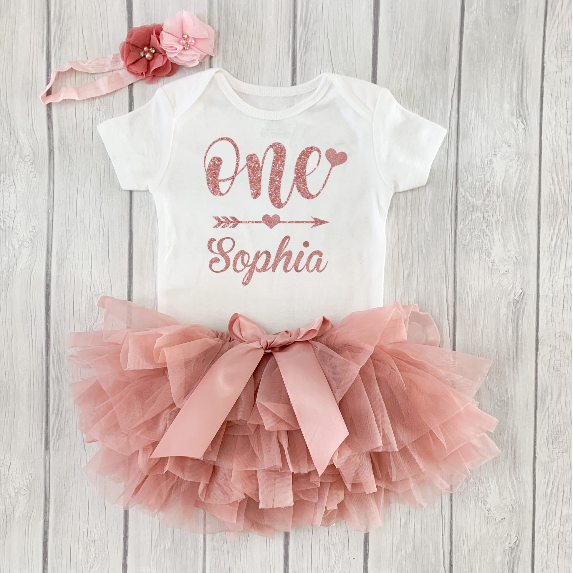 Baby Girls 1st Birthday Personalized Outfit, Sparkly Rose Gold Design - dipidoostudios