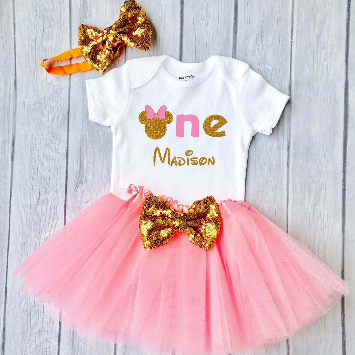 First Birthday Minnie Outfit, Little Girls First Birthday Tutu Outfit With Glittering Design