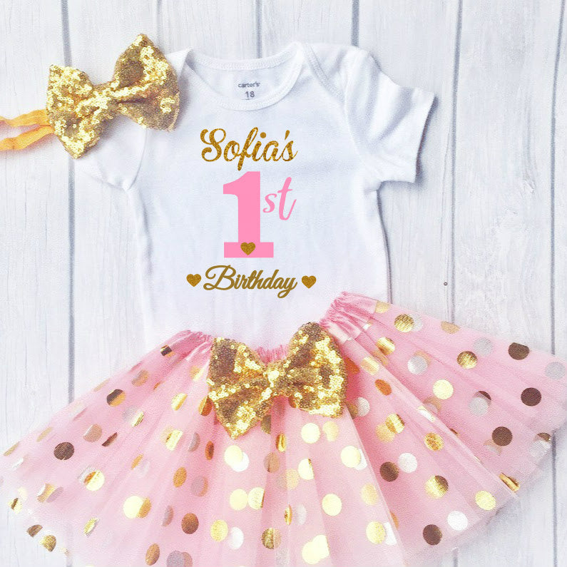 First Birthday Outfit, Sparkly Gold glittering font Design with tutu First Birthday Outfit, Sparkly Gold glittering font Design with tutu