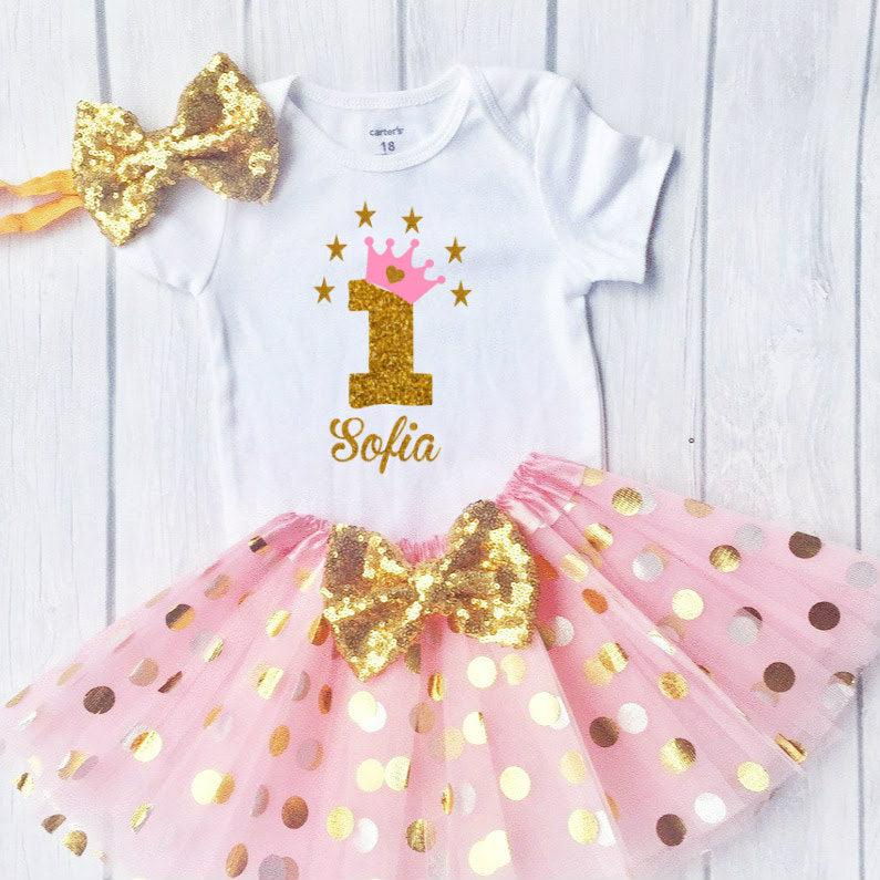 Baby Girls First Birthday Outfit, special gift for your princess - Sparkly Gold One Design Top + Tutu+Headband / Short Sleeves / 12M Baby Girls First Birthday Outfit, special gift for your princess - Sparkly Gold One Design Top + Tutu+Headband / Short Sleeves / 12M
