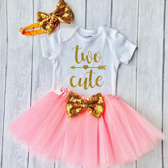 Two Cute, Second birthday outfit, 2nd Birthday, Pink and Gold Tutu Birthday Outfit, 2nd Birthday - dipidoostudios