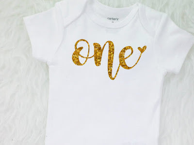 Baby Girls First Birthday Personalized Outfit, Sparkly Gold One Design