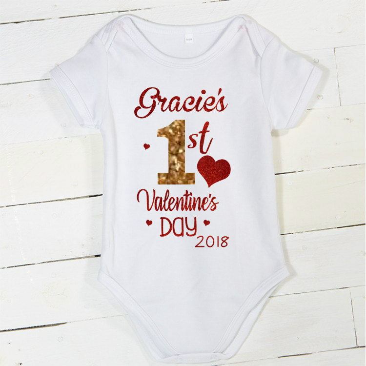 1st Valentine's Day Personalized Baby Girl Outfit (Gold and Red)