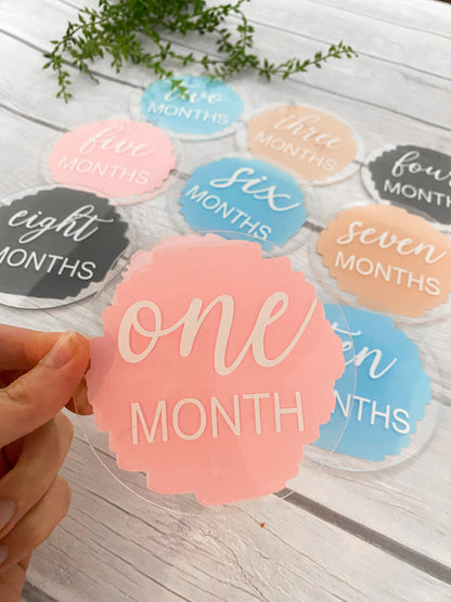 Acrylic Baby Monthly Milestone Discs, 12 Month Set + "hello world"