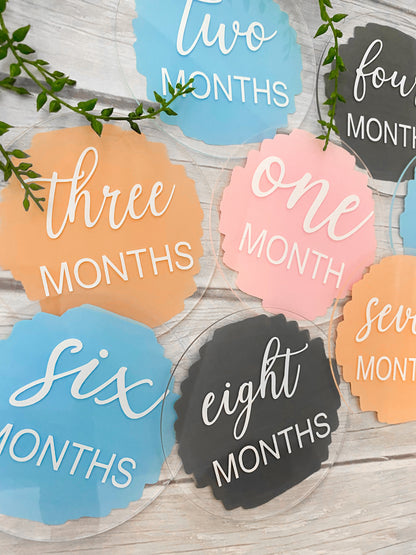 Acrylic Baby Monthly Milestone Discs, 12 Month Set + "hello world"