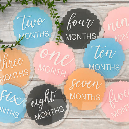 Acrylic Baby Monthly Milestone Discs, 12 Month Set + "hello world"