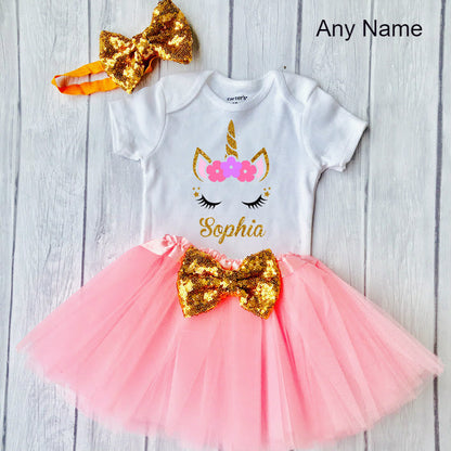 Toddler Girls First Birthday Outfit, special gift for your princess - Sparkly Gold Unicorn Design