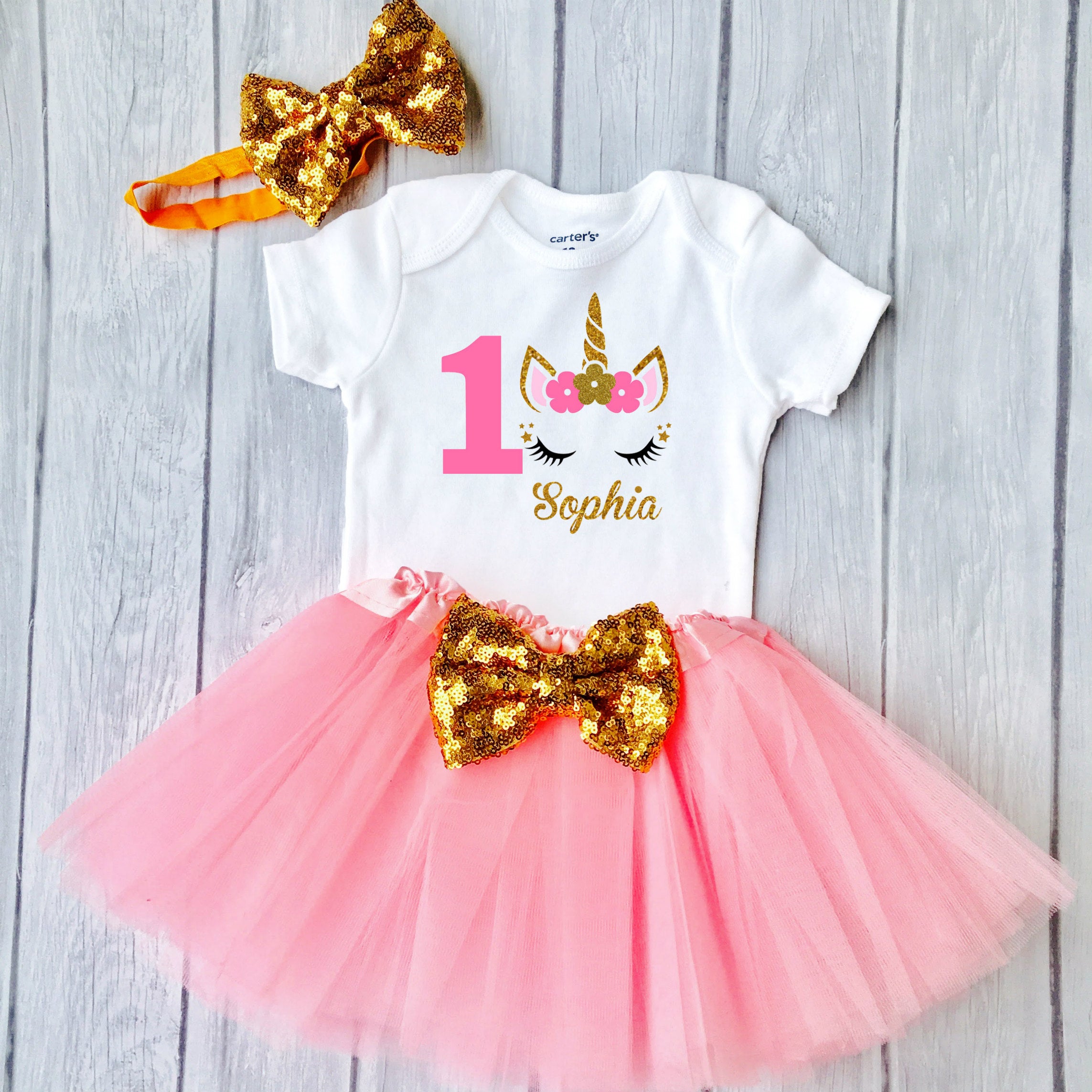 Baby Girls 1st Birthday Outfit special gift for your princess Sparkly Gold Unicorn Design