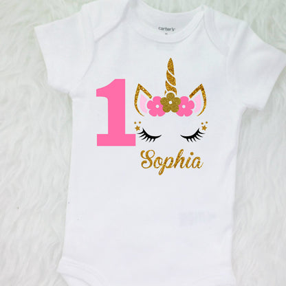 Baby Girls 1st Birthday Outfit, special gift for your princess - Sparkly Gold Unicorn Design