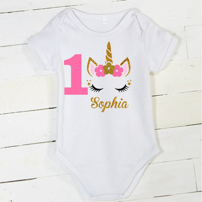 Baby Girls 1st Birthday Outfit, special gift for your princess - Sparkly Gold Unicorn Design