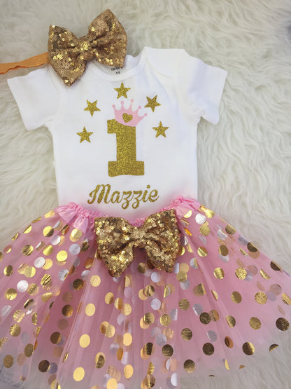 Baby Girls 1st Birthday Outfit, special gift for your princess - Sparkly Gold One Design