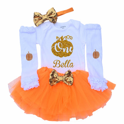 Pumpkin 1st Birthday Outfit Girl, Fall Birthday Outfit, Glittering Gold Pumpkin One