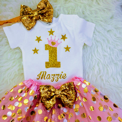 Baby Girls 1st Birthday Outfit, special gift for your princess - Sparkly Gold One Design