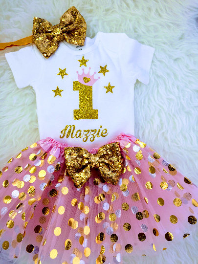 Baby Girls 1st Birthday Outfit, special gift for your princess - Sparkly Gold One Design