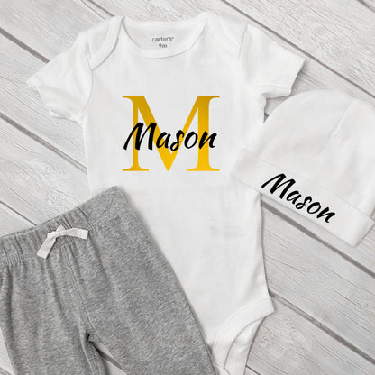 Newborn Boy Coming Home Outfit, Personalized Boy Monogram Name Bodysuit