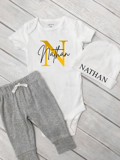 Newborn Boy Coming Home Outfit, Personalized Boy Monogram Name Bodysuit