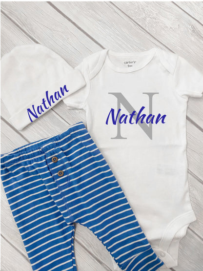 Newborn Boy Coming Home Outfit, Personalized Boy Monogram Name Bodysuit