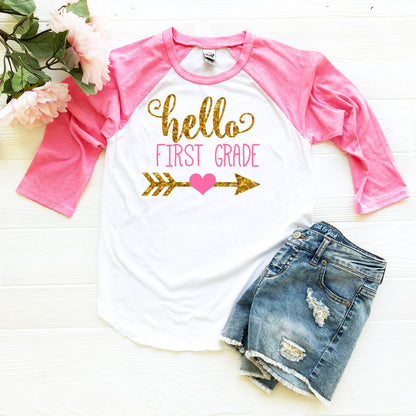 Back To School t-Shirt First Day of School Shirt Pink White Raglan - Personalized With Name