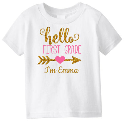 First Day Of School Shirt Girl's Hello First Grade Outfit  - Personalize Name and Grade !!