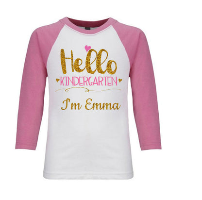 Kindergarten t-Shirt First Day of Kindergarten Shirt Pink White Raglan - Personalized With Name