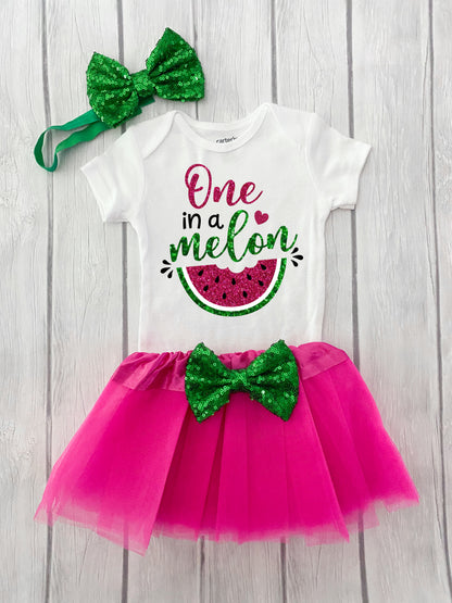 Hot Pink Watermelon First Birthday Outfit, One In A Melon, Girl First Birthday