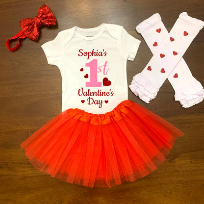 1st Valentine's Day Personalized Baby Girl Outfit (Pink and Red)