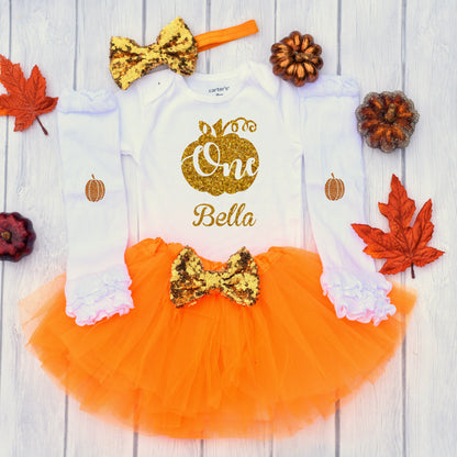 Pumpkin 1st Birthday Outfit Girl, Fall Birthday Outfit, Glittering Gold Pumpkin One