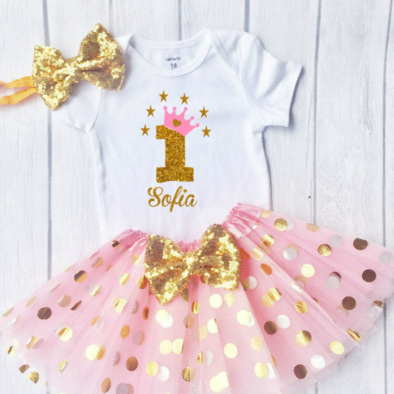 Baby Girls 1st Birthday Outfit, special gift for your princess - Sparkly Gold One Design
