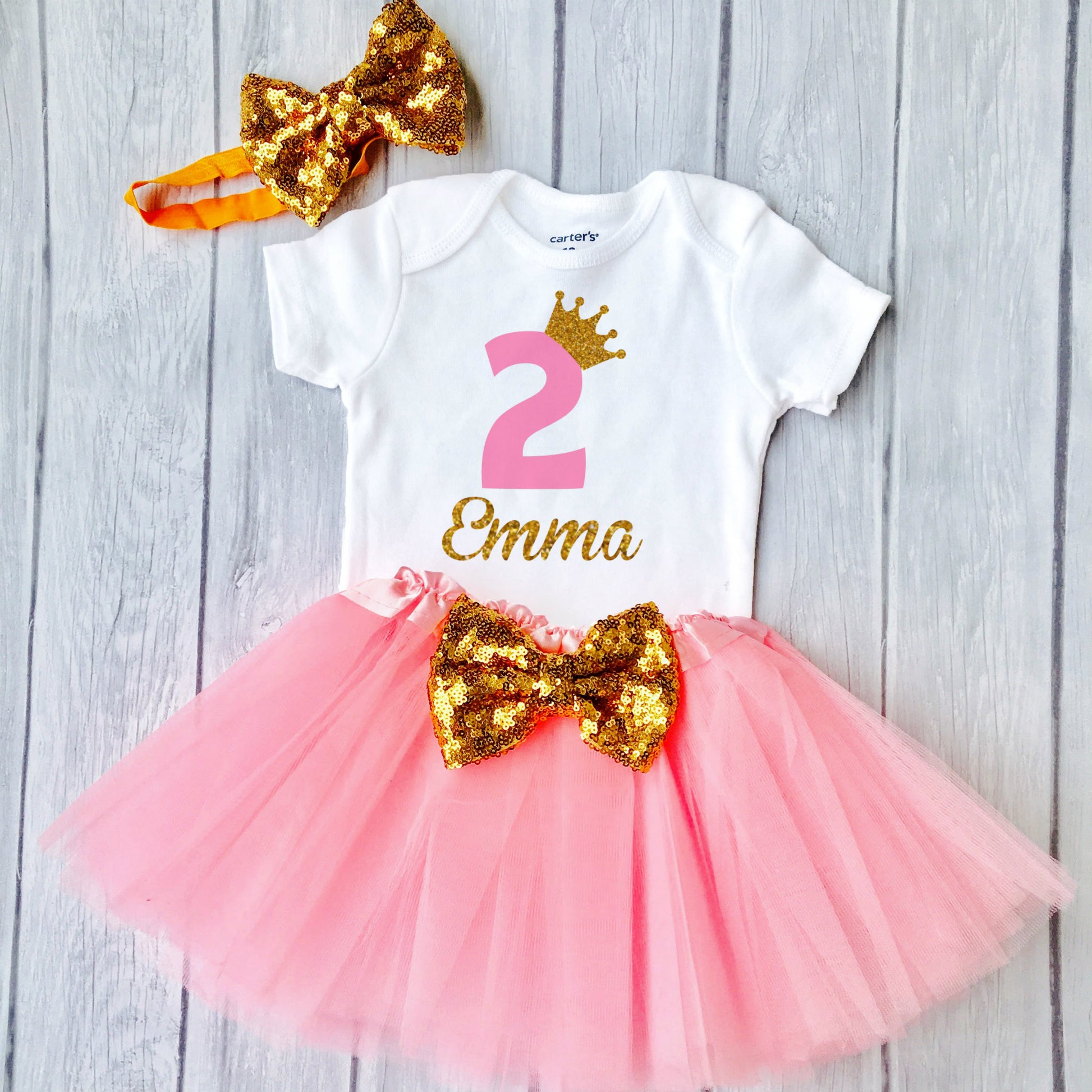 Baby Girl's 2nd Birthday Outfit, Design with a Sparkly Golden Crown Long Sleeve 12M / Top Only Baby Girl's 2nd Birthday Outfit, Design with a Sparkly Golden Crown Long Sleeve 12M / Top Only